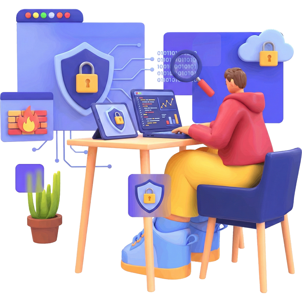 A man sits at a desk with a laptop, accompanied by a security icon, indicating a focus on cybersecurity.
